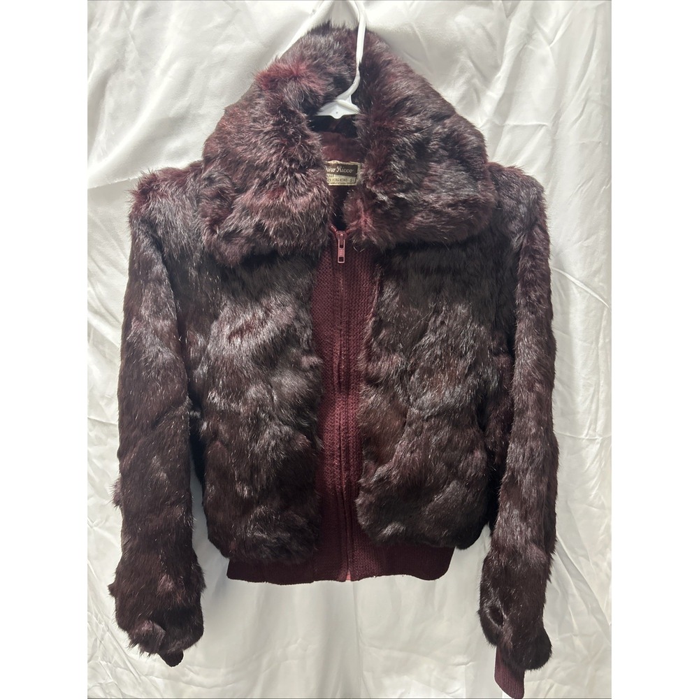 VTG Dino Ricco Bomber Jacket Womens S Genuine Rabbit Fur Retro Collar Patch Coat